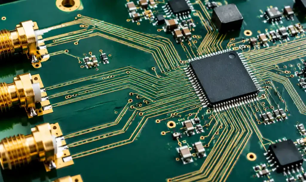 High-frequency PCB showing controlled impedance via transition with minimal teardrop