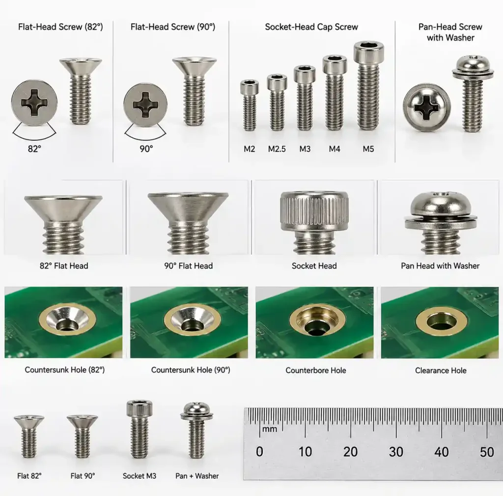 Variety of mounting hardware showing flat-head, socket-head, and pan-head screws for PCB assembly