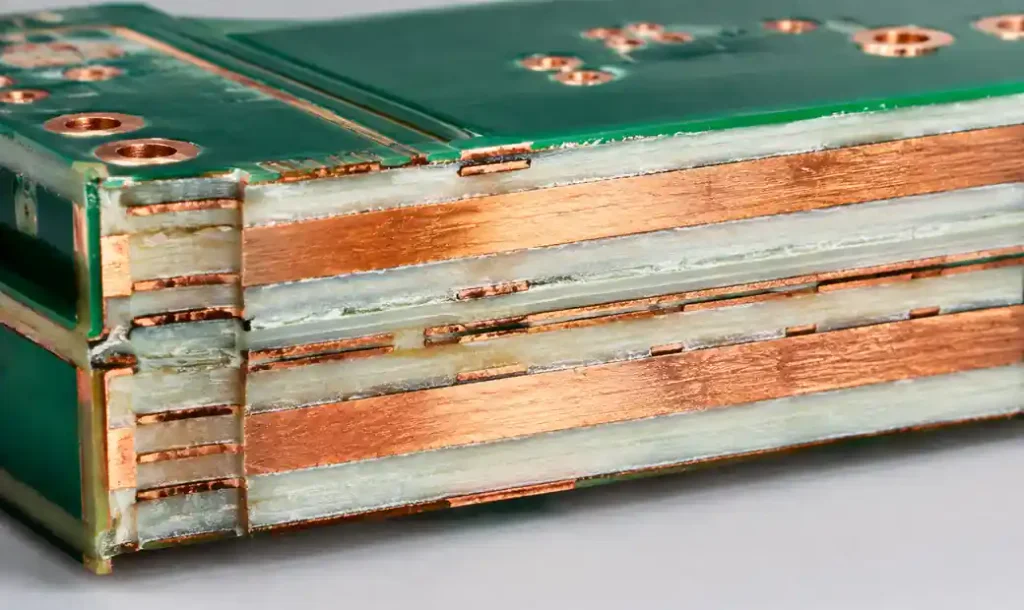 Multilayer PCB stackup showing internal copper planes for thermal spreading