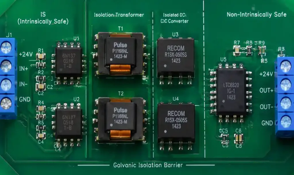 PCB safety components including optocouplers, isolation transformers, and galvanic isolation barriers