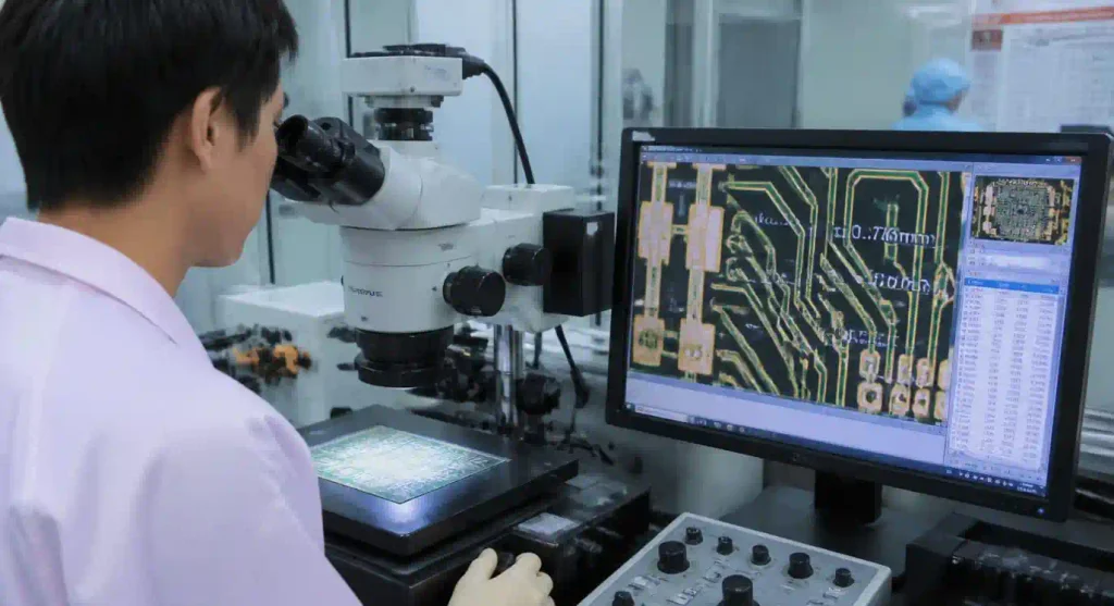 PCB manufacturer capability verification showing trace width measurement and layer count inspection