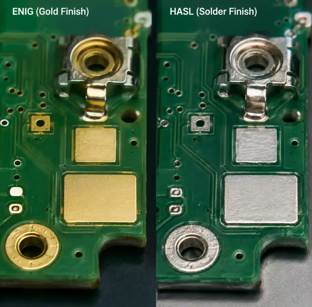 PCB surface finishes showing ENIG and HASL for battery contact applications