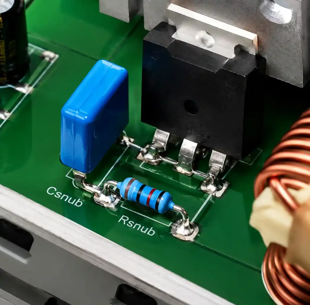 RC snubber capacitor and resistor placed directly across MOSFET terminals