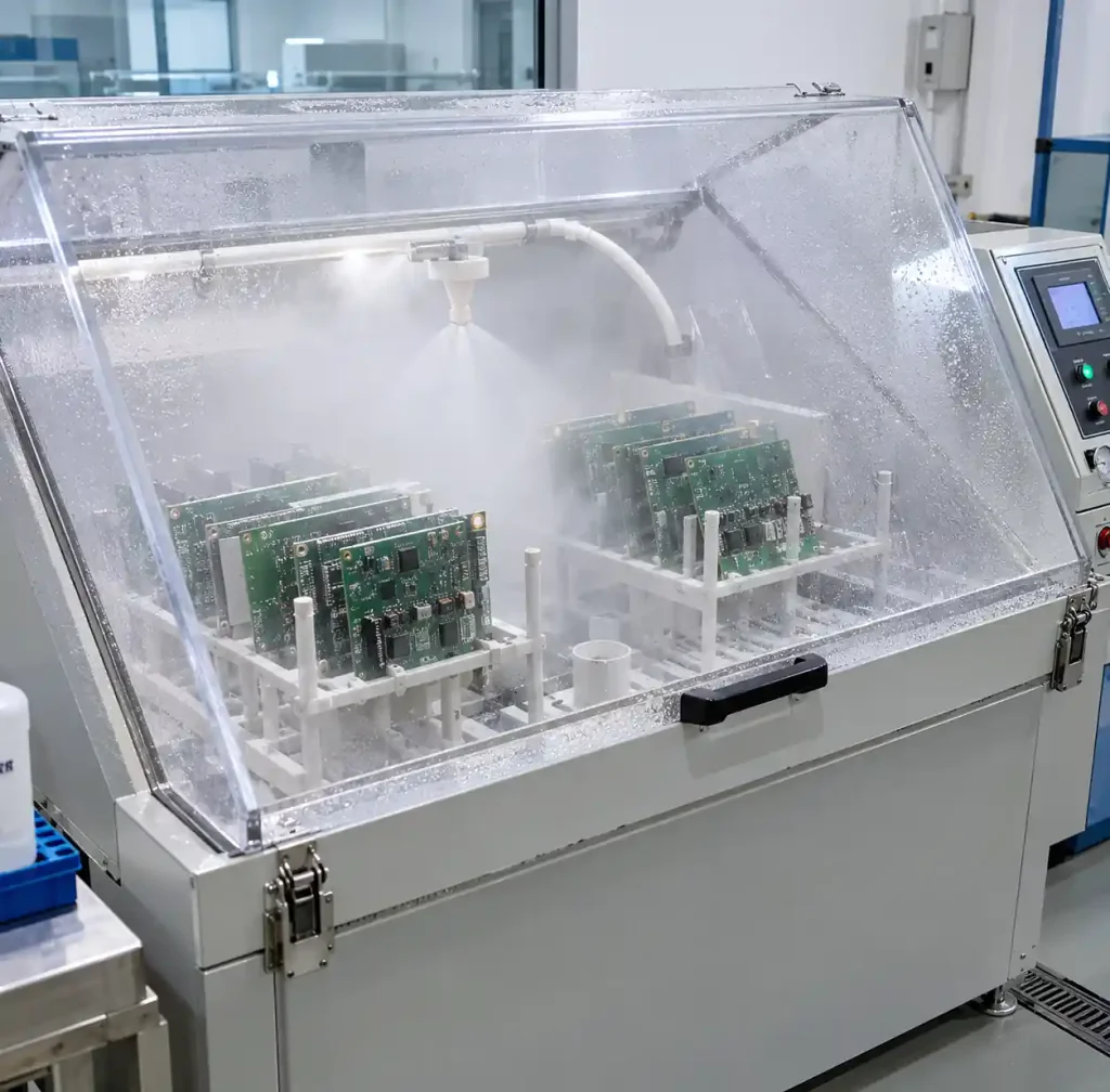 Salt spray corrosion test chamber with marine PCB specimens under ASTM B117 testing