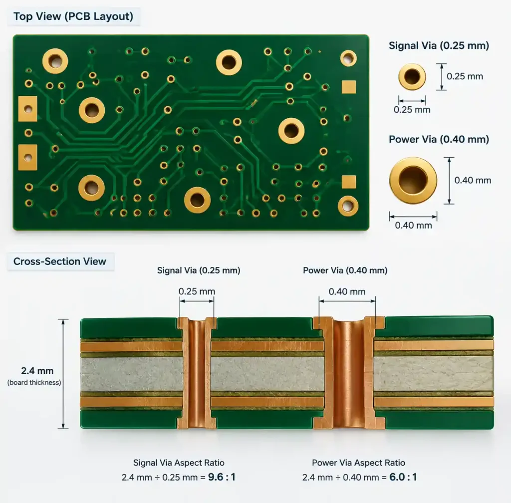 Selective via sizing strategy showing different via sizes on same PCB