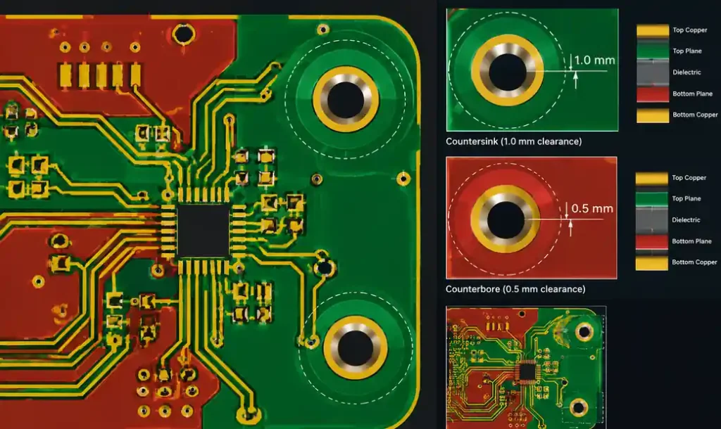 PCB layout showing copper keepout zones around countersunk and counterbored mounting holes