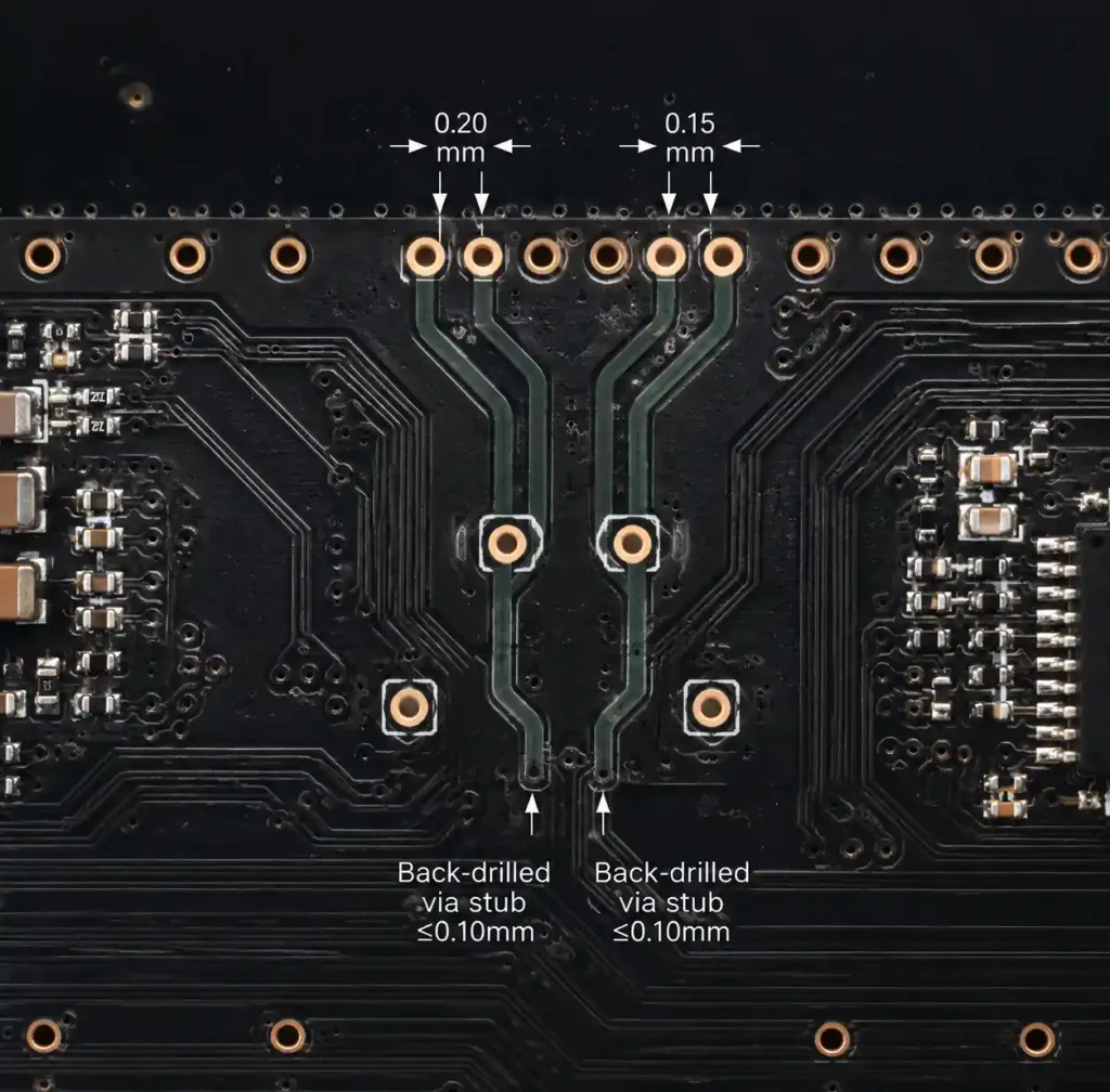 Differential pair signal vias with back drilling for impedance control
