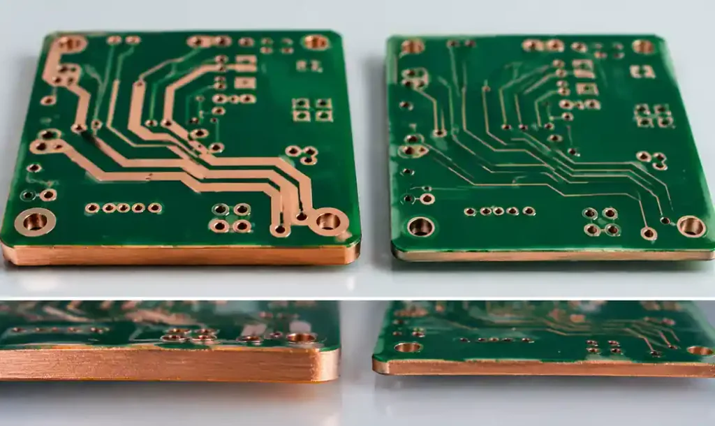 Side-by-side comparison of heavy copper PCB and standard copper PCB