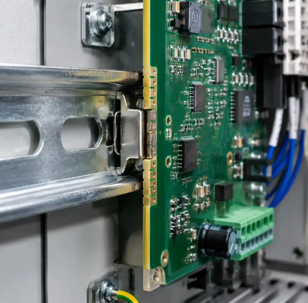 Industrial control PCB with edge plating mounted on DIN rail showing ground connection