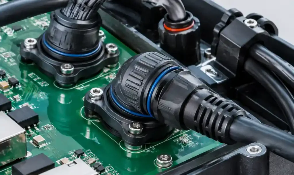Marine-grade PCB with sealed connectors and cable strain relief assembly