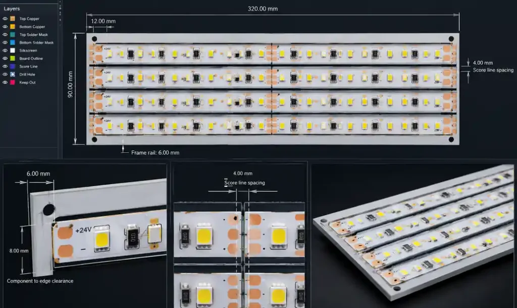 MCPCB LED strip design showing component clearance and panel design rules