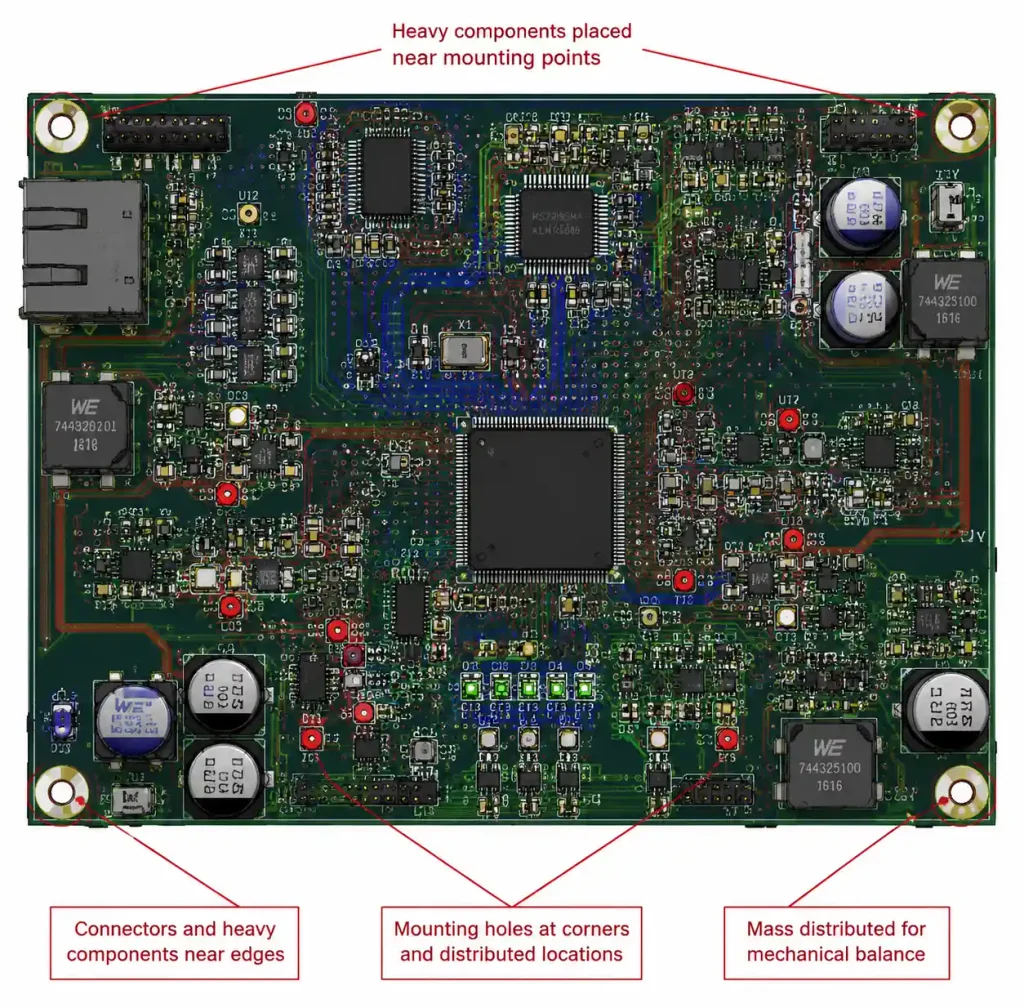 Industrial PCB design layout showing component placement for vibration resistance