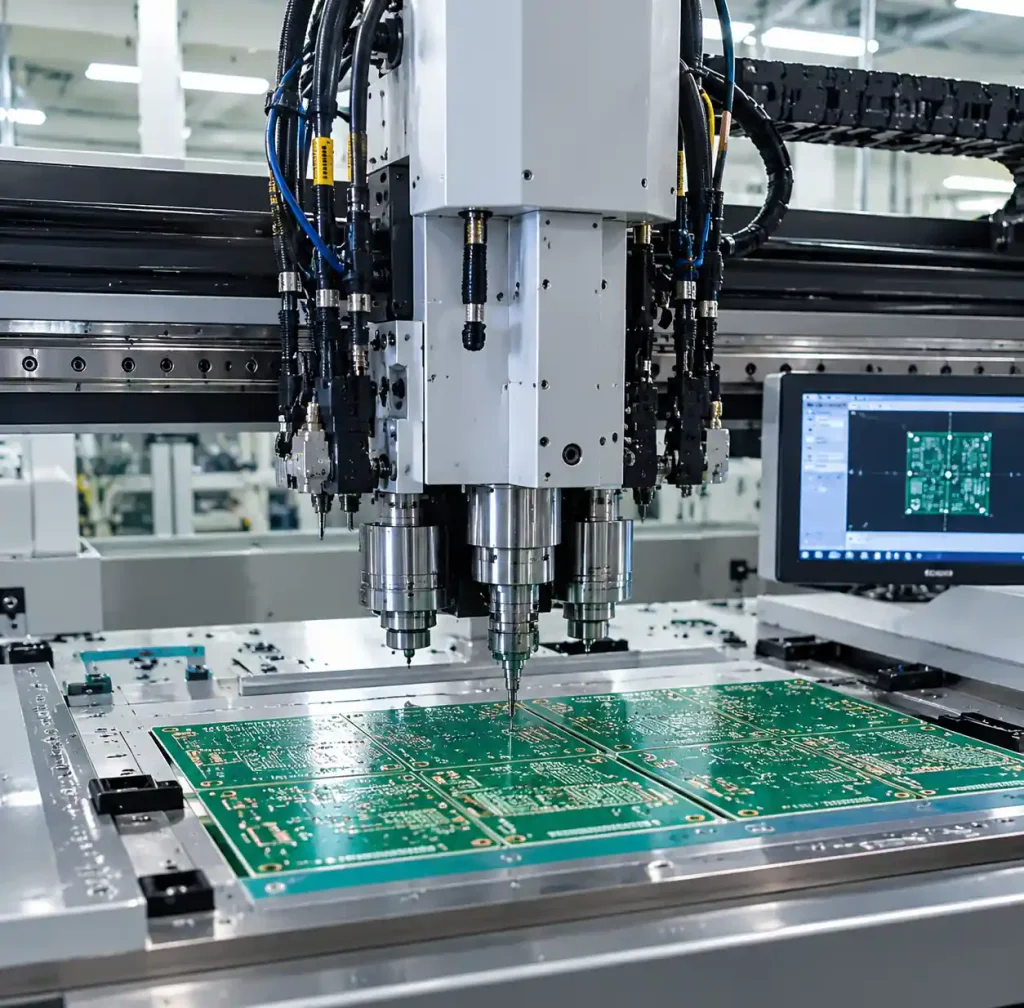PCB manufacturing equipment showing via drilling process in action