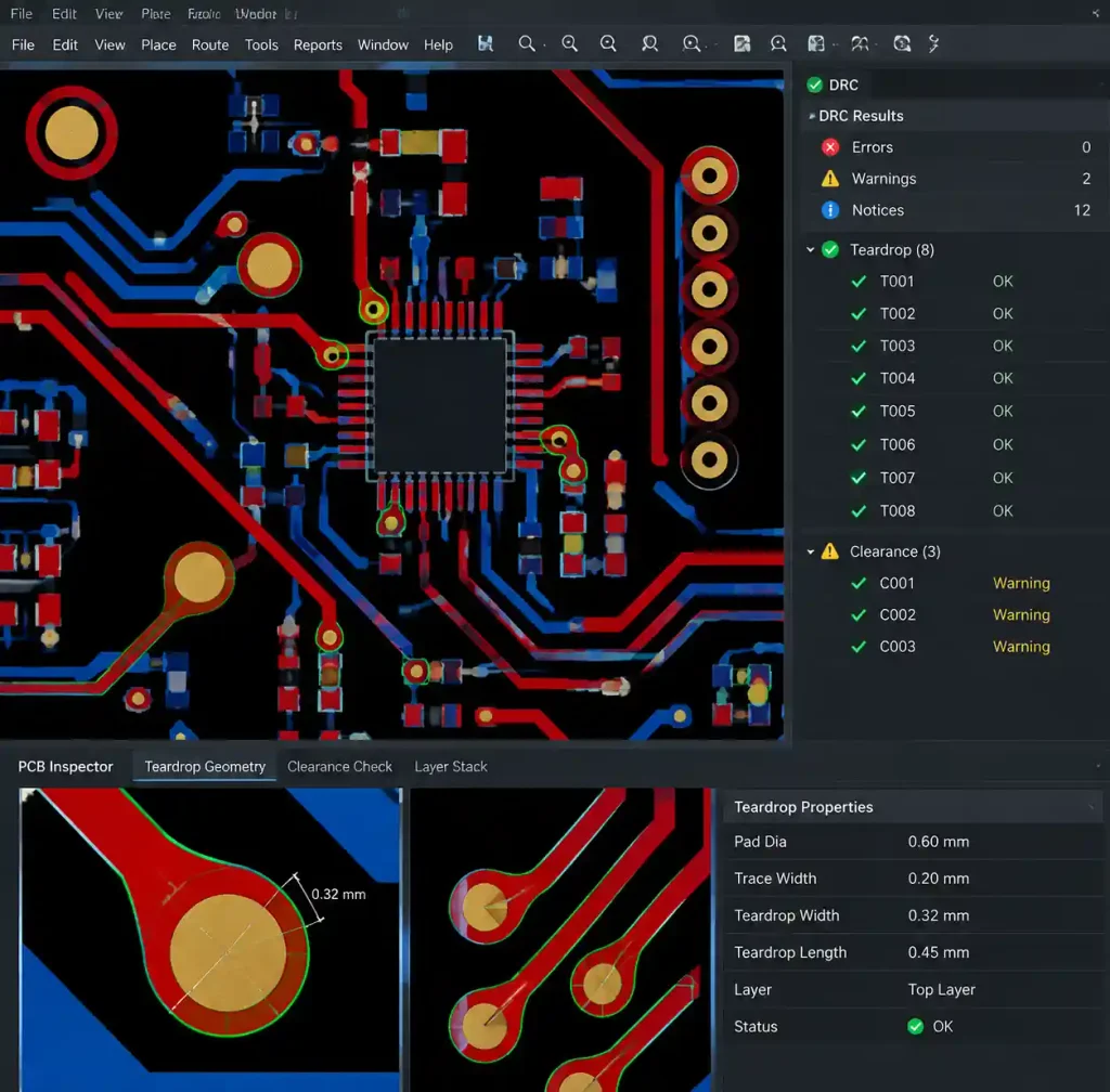 PCB design review showing teardrop verification and clearance checking