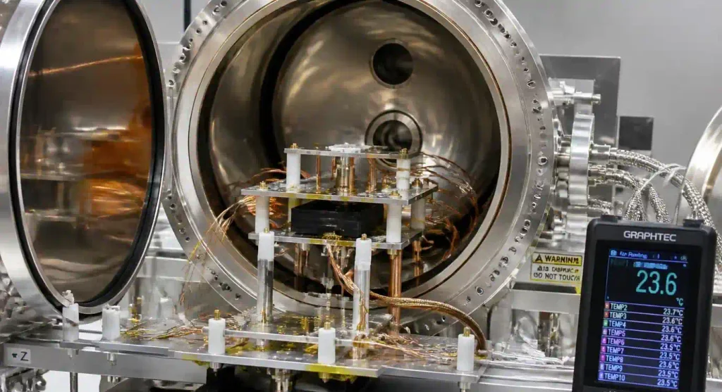 Aerospace PCB undergoing thermal vacuum testing in environmental test chamber