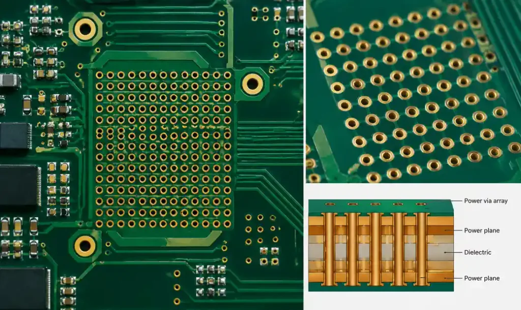 PCB power via array design for high current delivery in multilayer boards