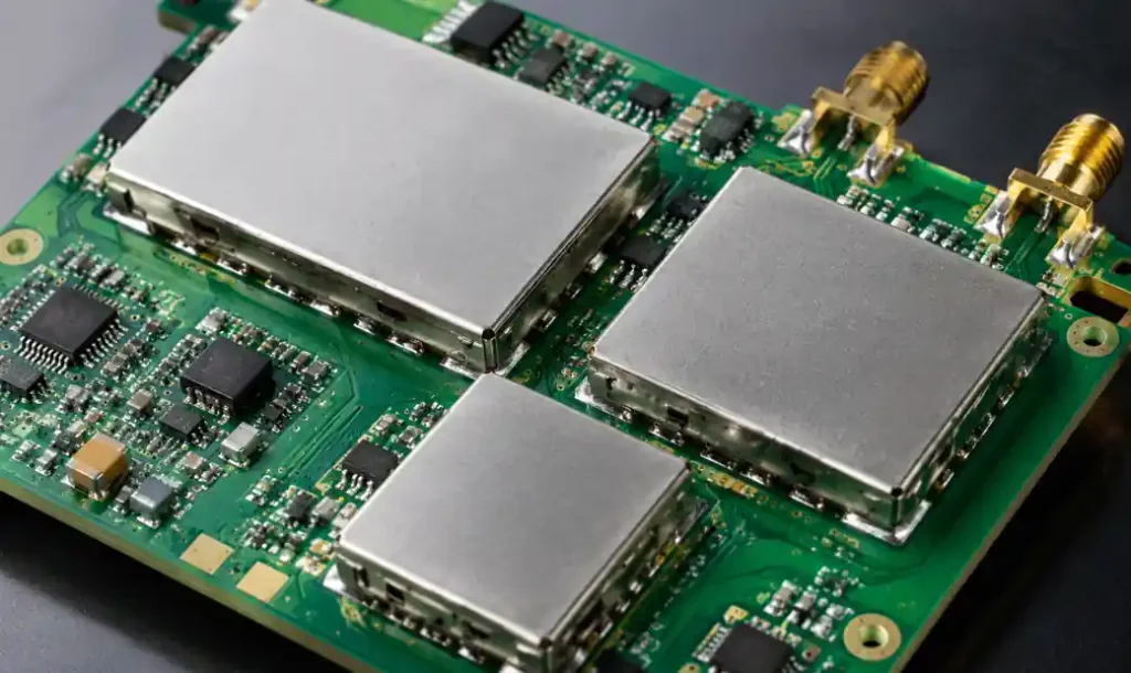 RF PCB with metal shielding cans and EMI protection covers installed