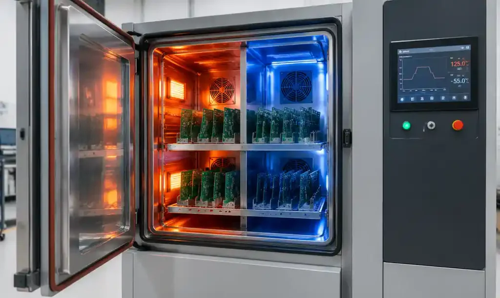 Thermal shock testing chamber for PCB delamination resistance validation