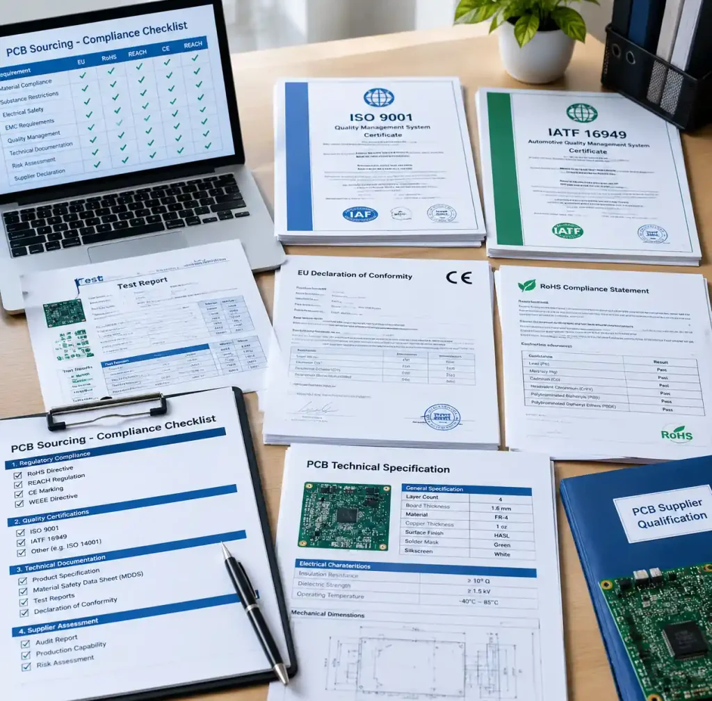 PCB sourcing compliance checklist with technical documentation and certificates for European market