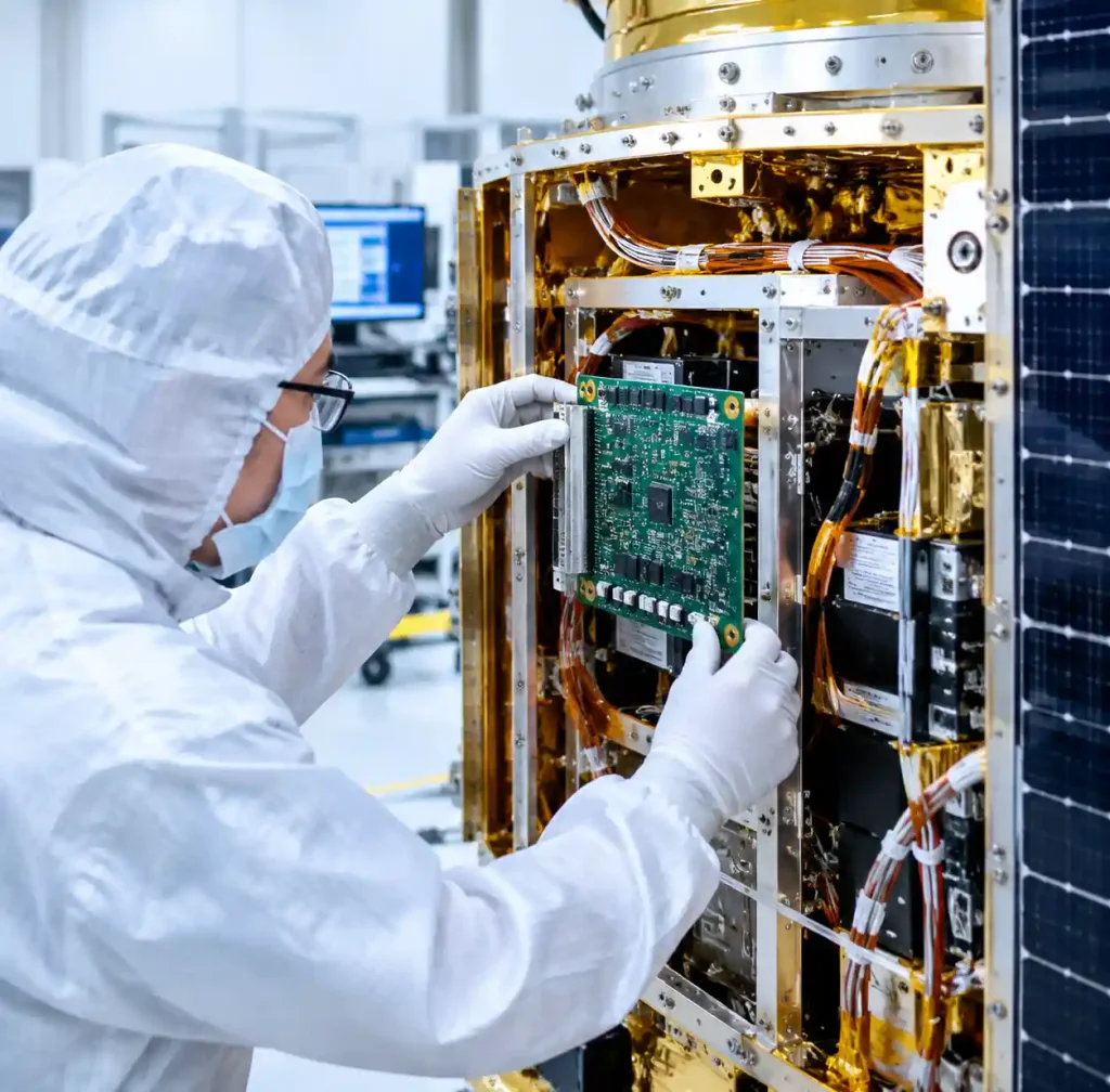 Installation of aerospace PCB into satellite or spacecraft housing showing integration process