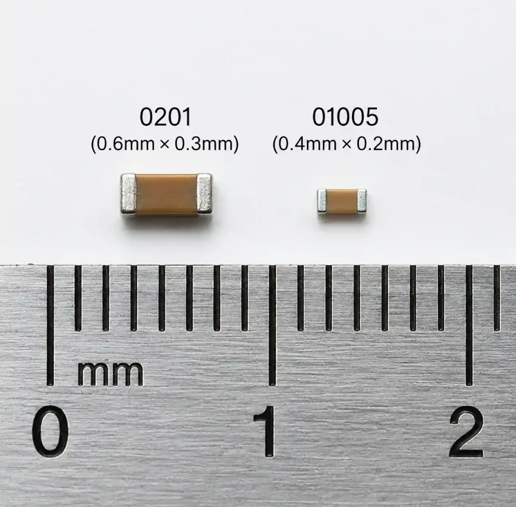 0201 and 01005 component size comparison with measurements