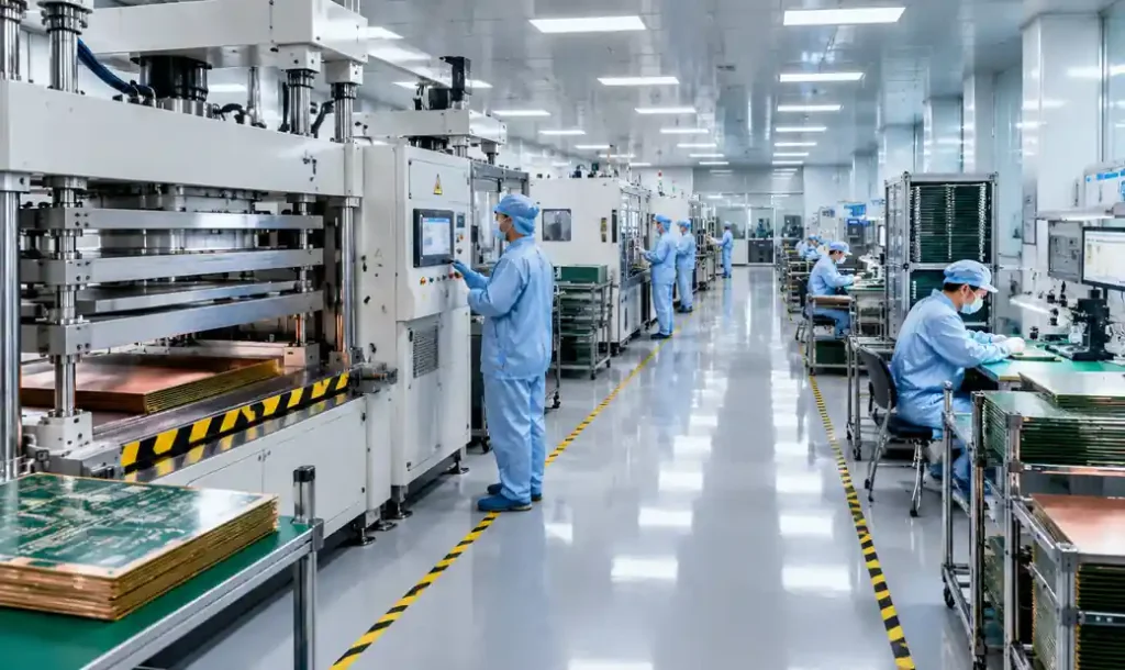 AS9100-certified aerospace PCB manufacturing facility with cleanroom environment
