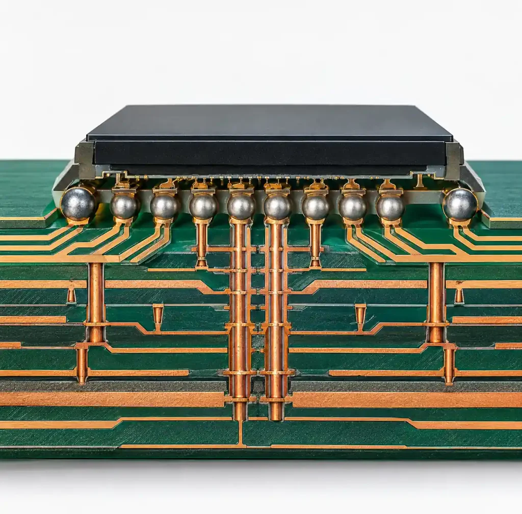 BGA escape routing diagram showing ball grid array with inner and outer row routing paths
