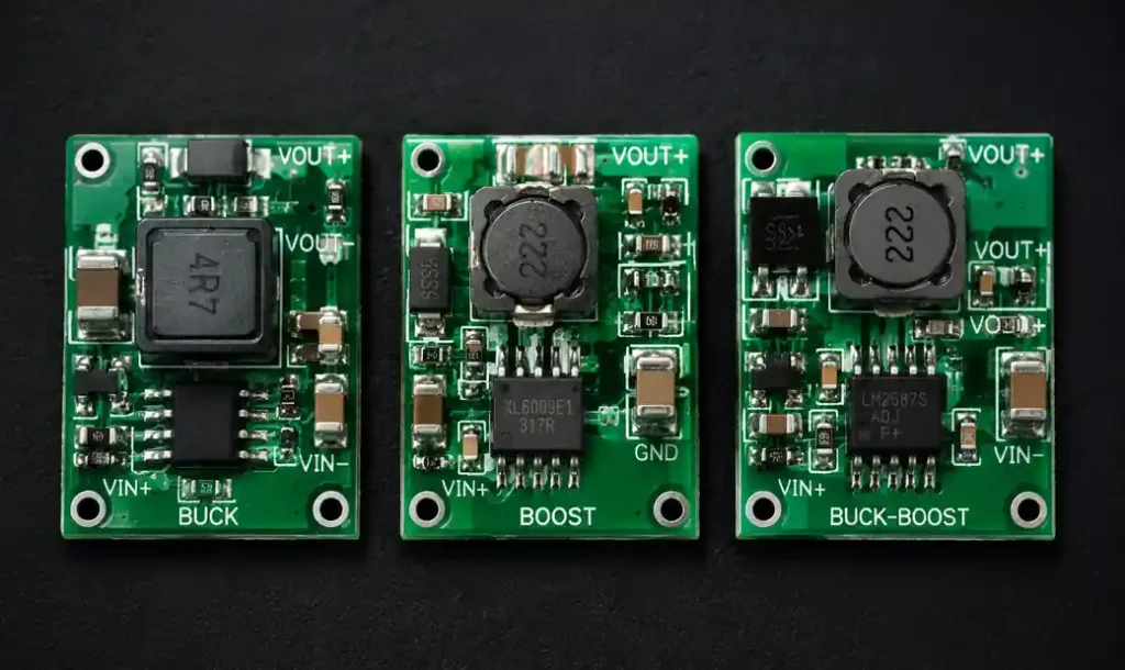 Comparison diagram showing buck, boost, and buck-boost DC-DC converter circuit topologies