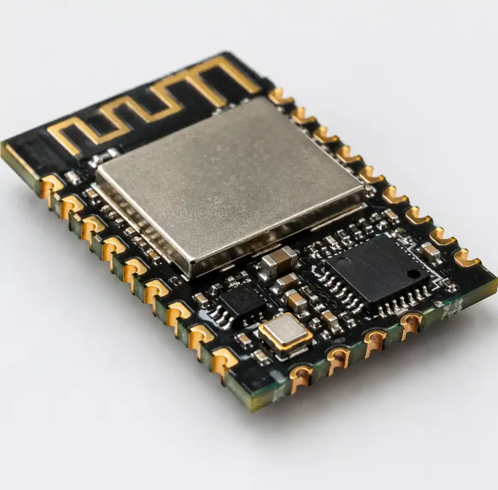 PCB module with castellated holes showing semi-circular plated edge connections