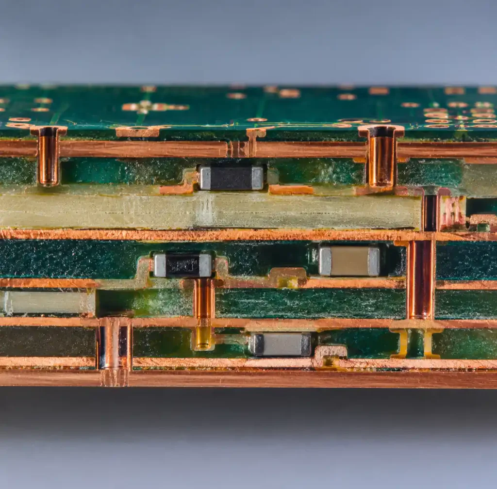 Cross-section view of PCB showing embedded components between copper layers with microvias connections