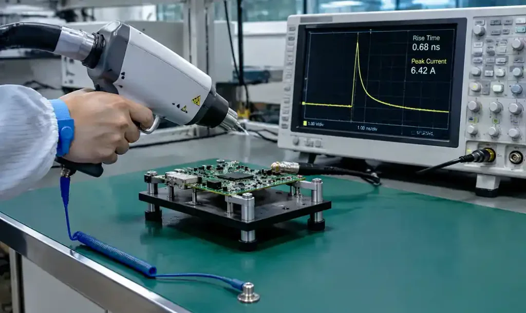 Real-world ESD testing environment showing IEC 61000-4-2 equipment with oscilloscope capturing ESD waveforms