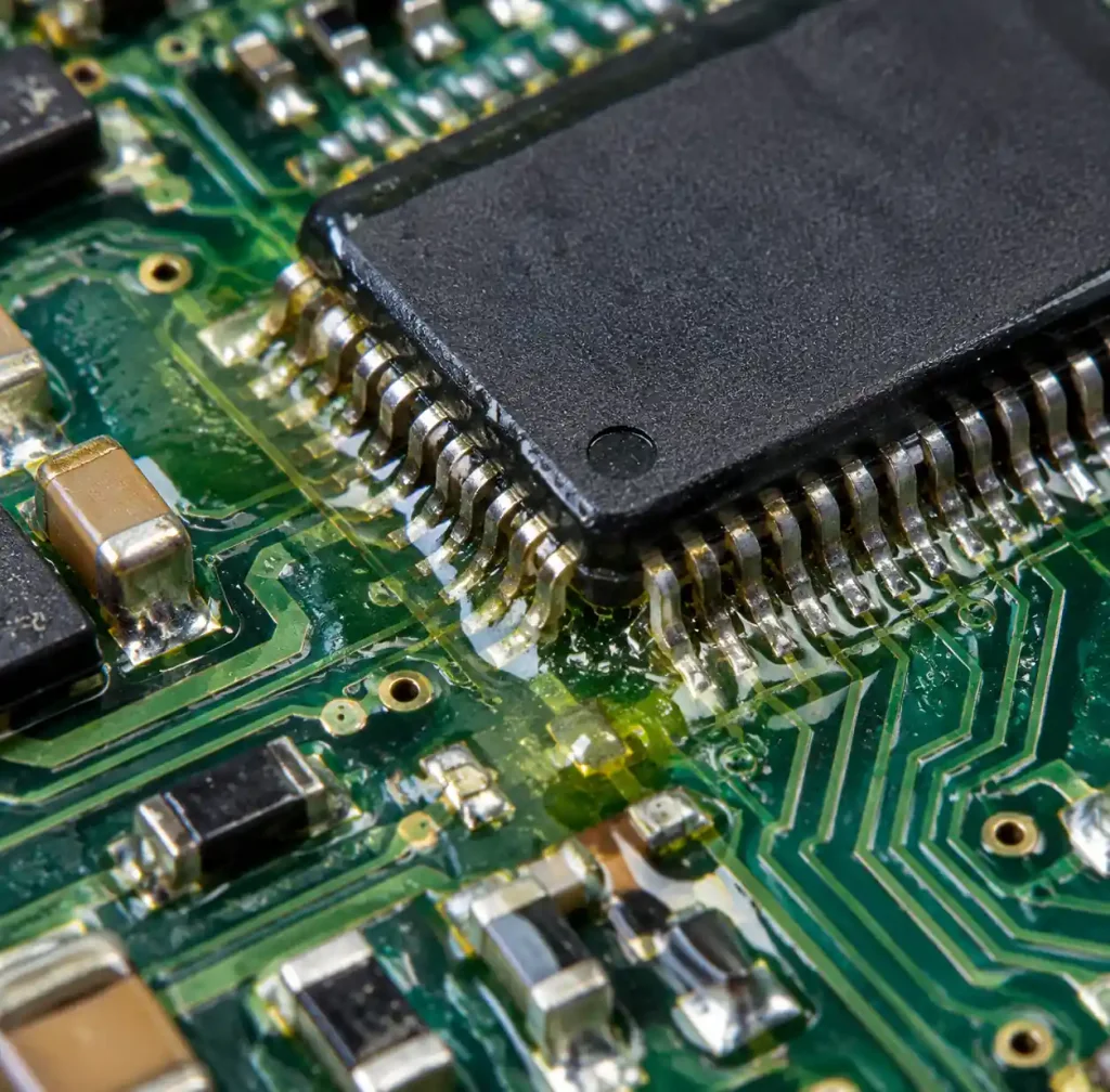 Flux residue absorbing moisture on PCB traces creating leakage paths