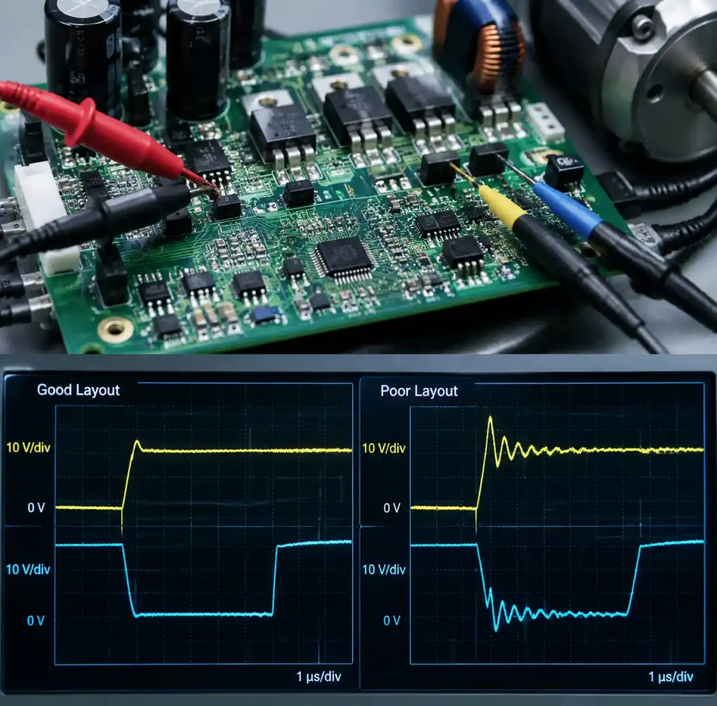 Gate driver parasitic inductance effects on MOSFET switching waveforms