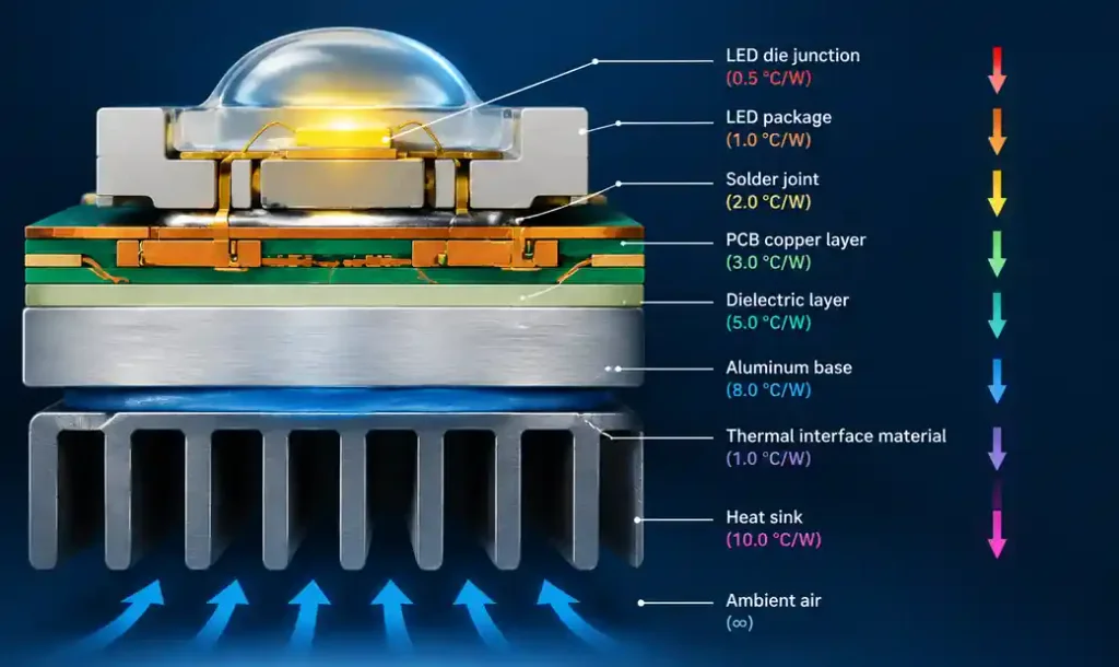 LED junction temperature thermal path from die to heat sink showing thermal resistance at each interface