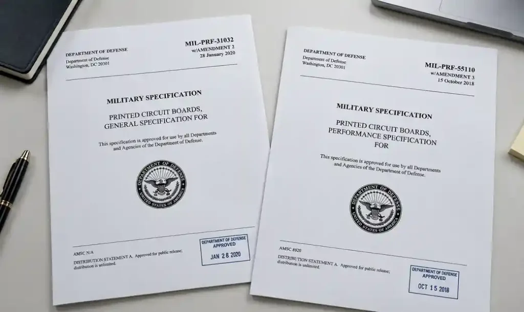 Military PCB specification documents showing MIL-PRF-31032 and MIL-PRF-55110 standards