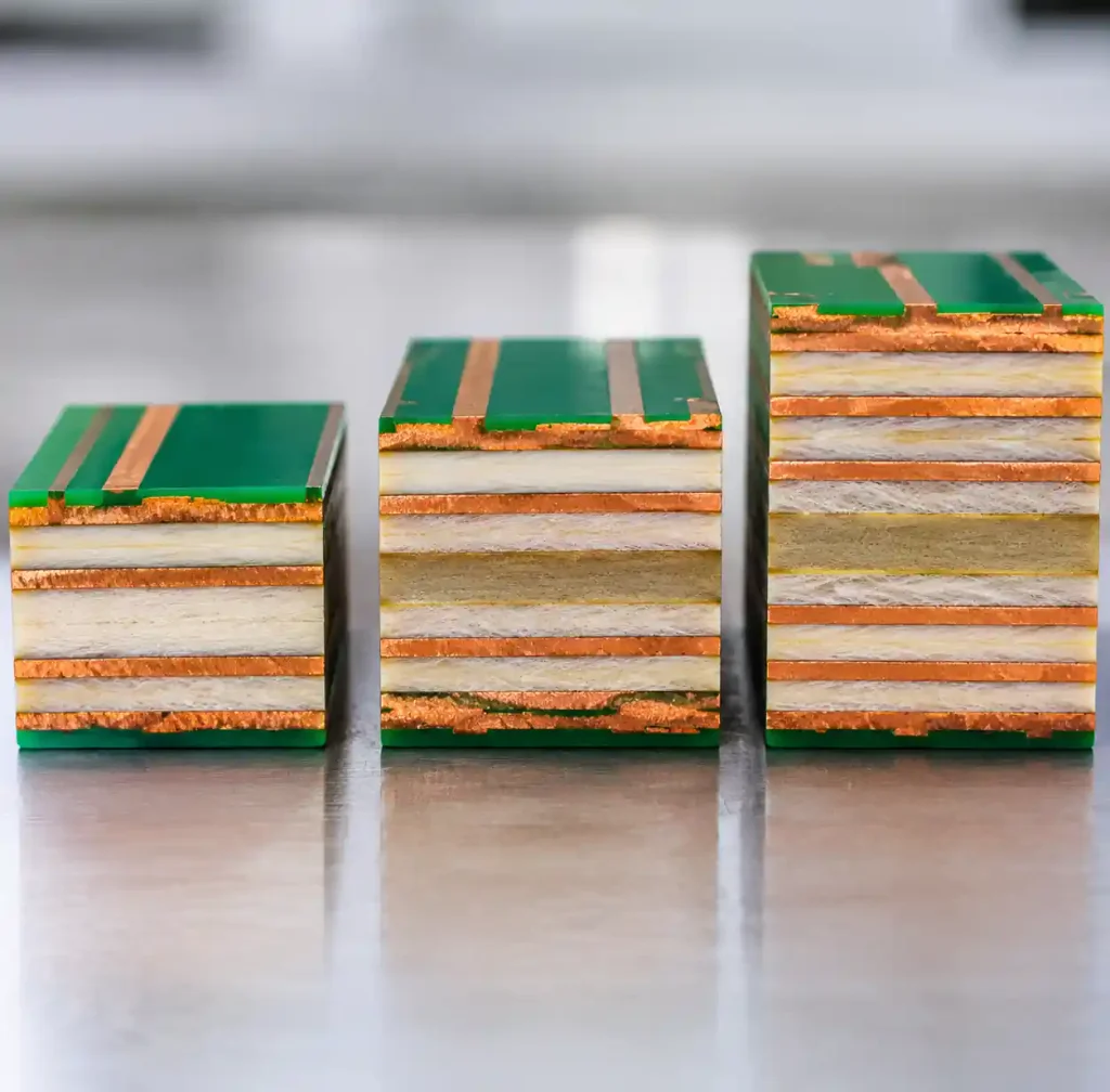 Cross-sectional view comparing 4-layer, 6-layer, and 8-layer PCB stackup structures
