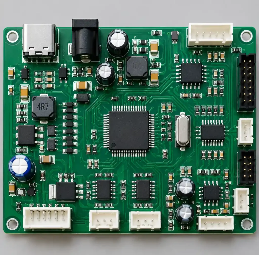 PCB board showing component placement layout with spacing zones and assembly flow indicators
