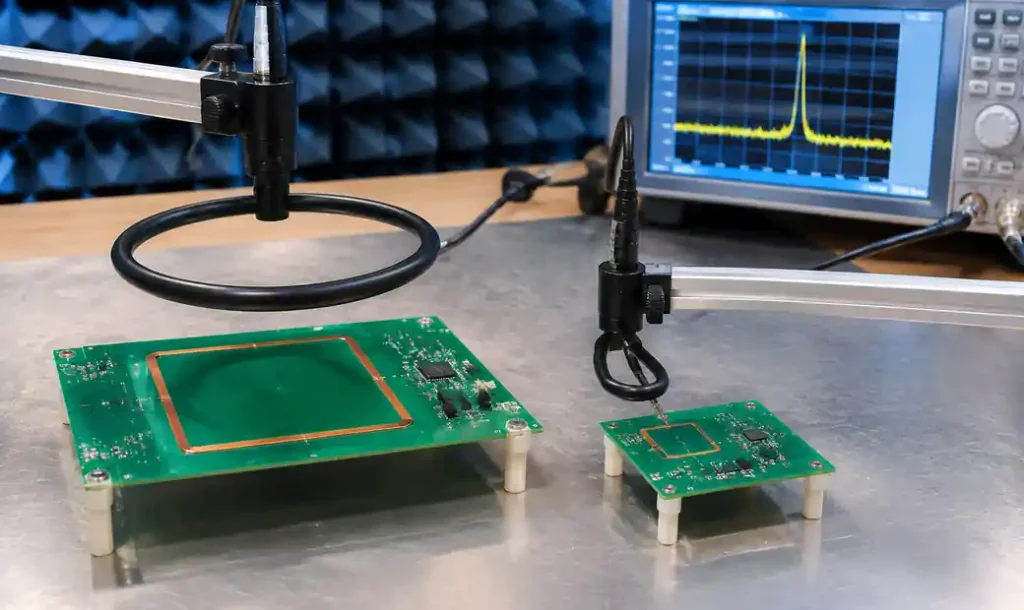 PCB trace loop area comparison showing different radiation levels