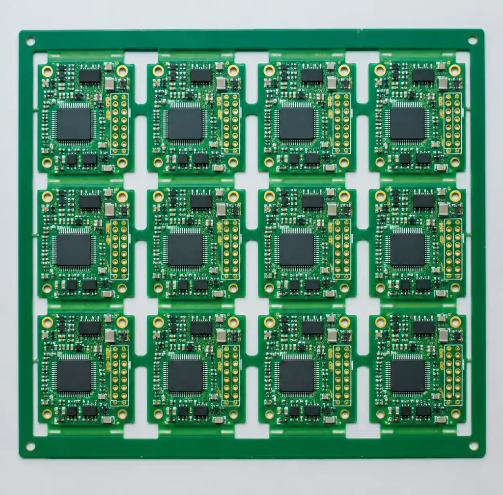 Multiple PCB boards arranged in a manufacturing panel array