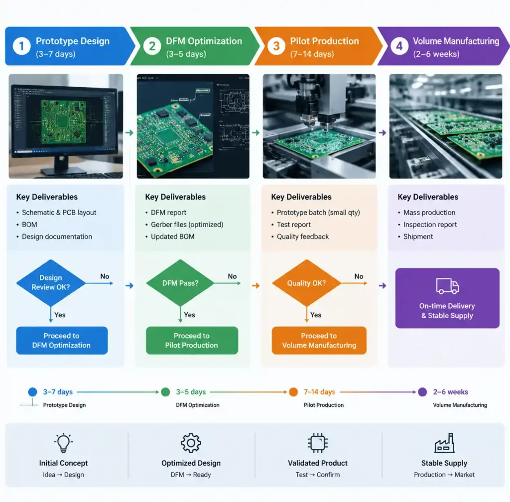PCB prototype to production workflow diagram showing stages from design to mass manufacturing