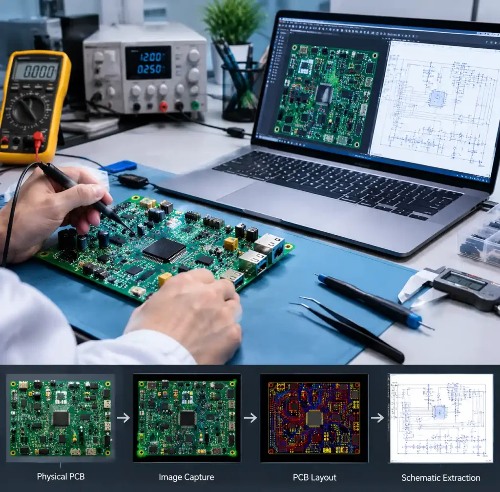 PCB reverse engineering process showing physical board analysis and schematic extraction