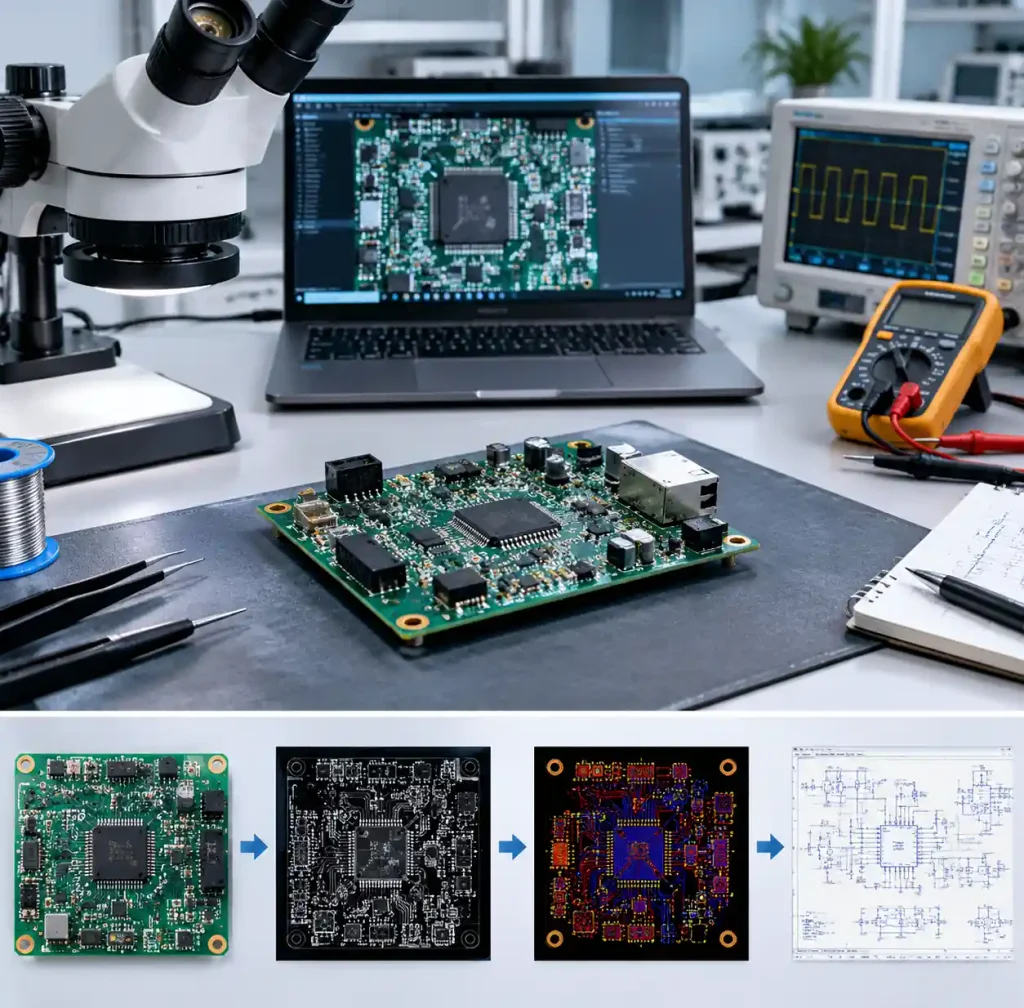 PCB reverse engineering process showing physical board analysis and schematic extraction