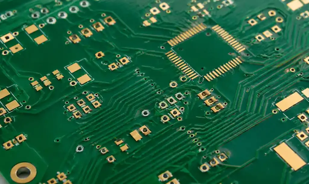 PCB with green solder mask coating protecting copper traces and exposing solder pads