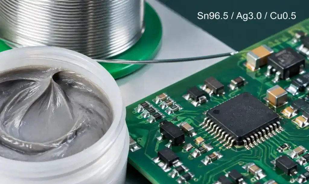 SAC305 lead-free solder alloy composition showing tin-silver-copper percentages