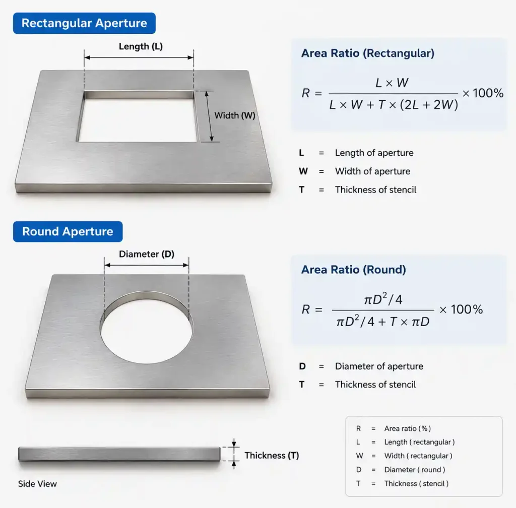 Area ratio formula diagram for PCB stencil aperture design showing rectangular and round aperture calculations