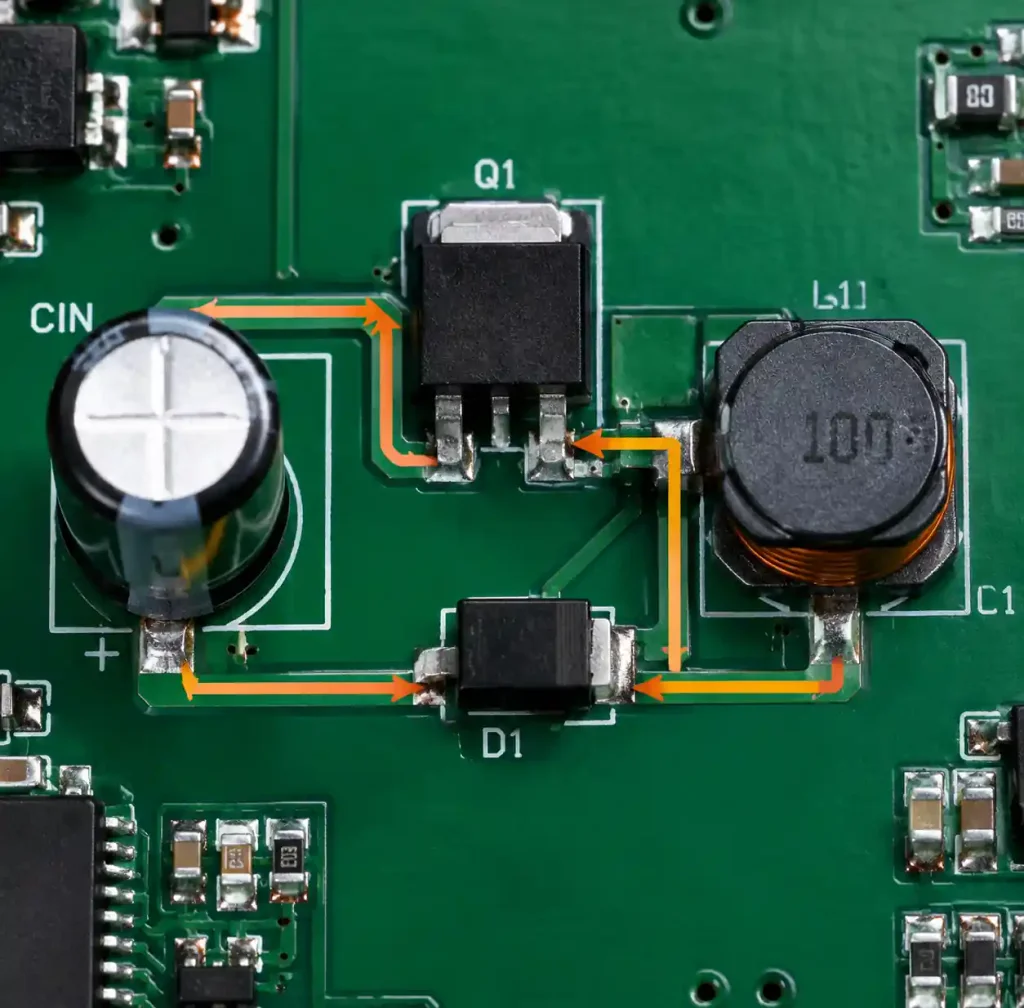 LED driver PCB showing critical switching current loop with highlighted hot loop area