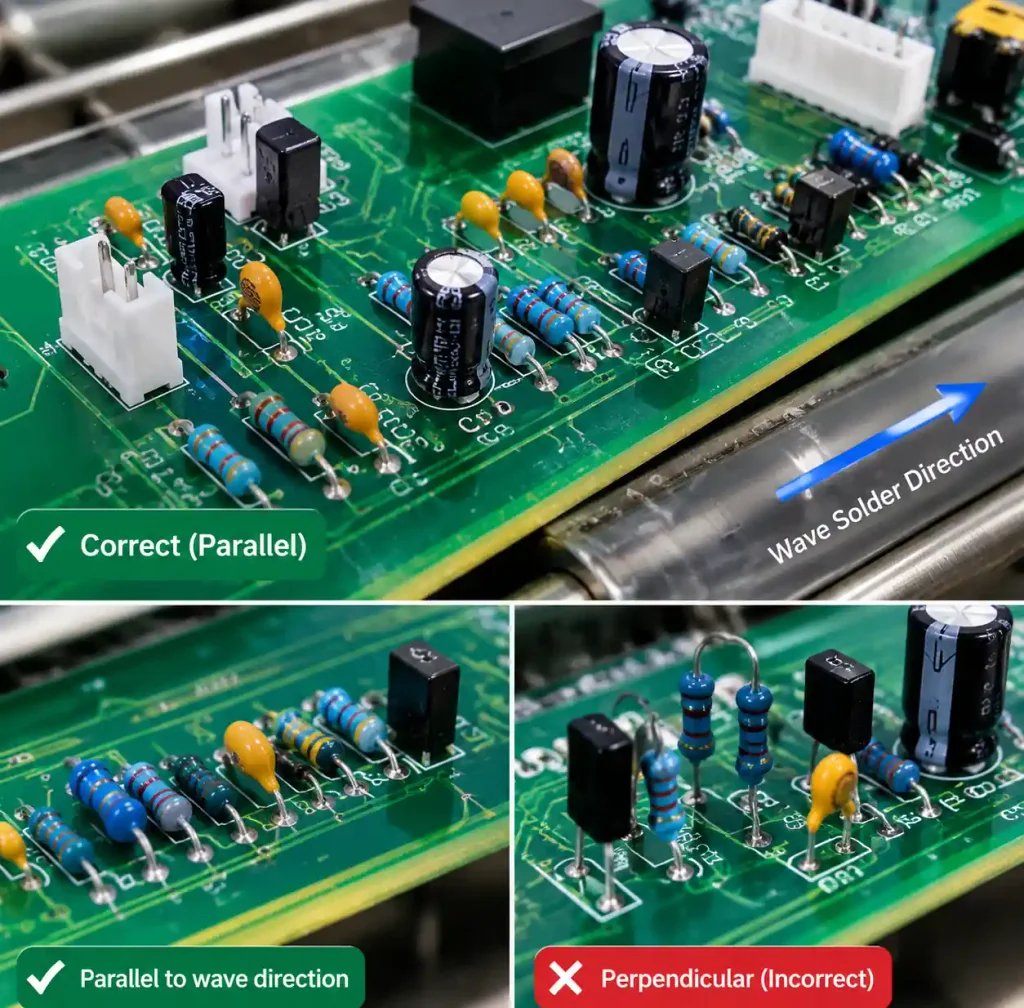 PCB through-hole component orientation for wave soldering showing parallel alignment with solder wave direction