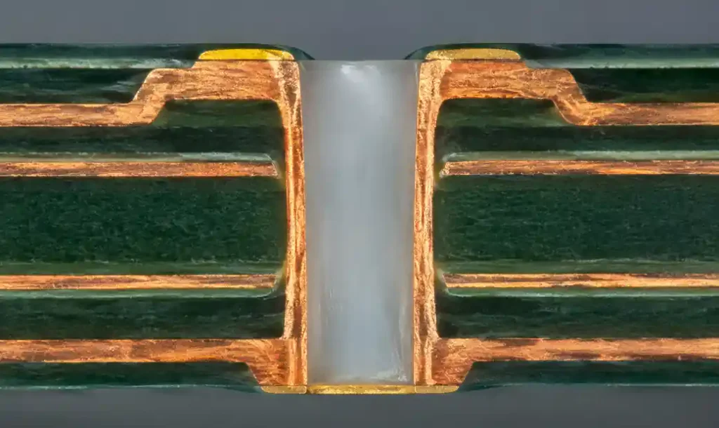 Via in pad PCB cross-section showing filled via structure