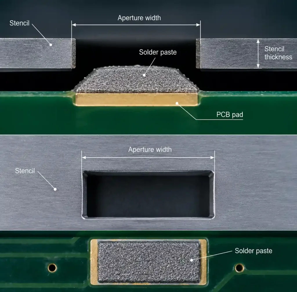 Stencil aperture cross-section showing area ratio measurement