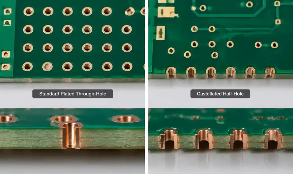 Comparison showing castellated holes versus standard through holes on PCB edge
